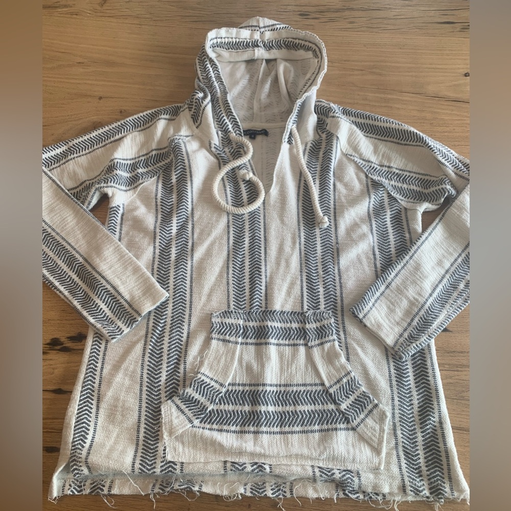 Ocean Drive Lightweight Beach Hoodie Long Sleeves Cream Blue Small Preloved